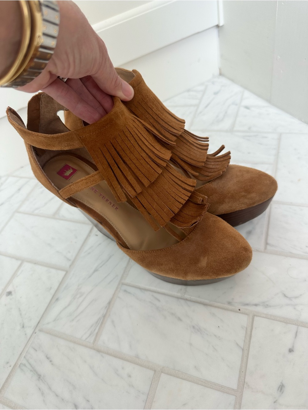 Elaine Turner Cognac Suede Fringe Platform Heels